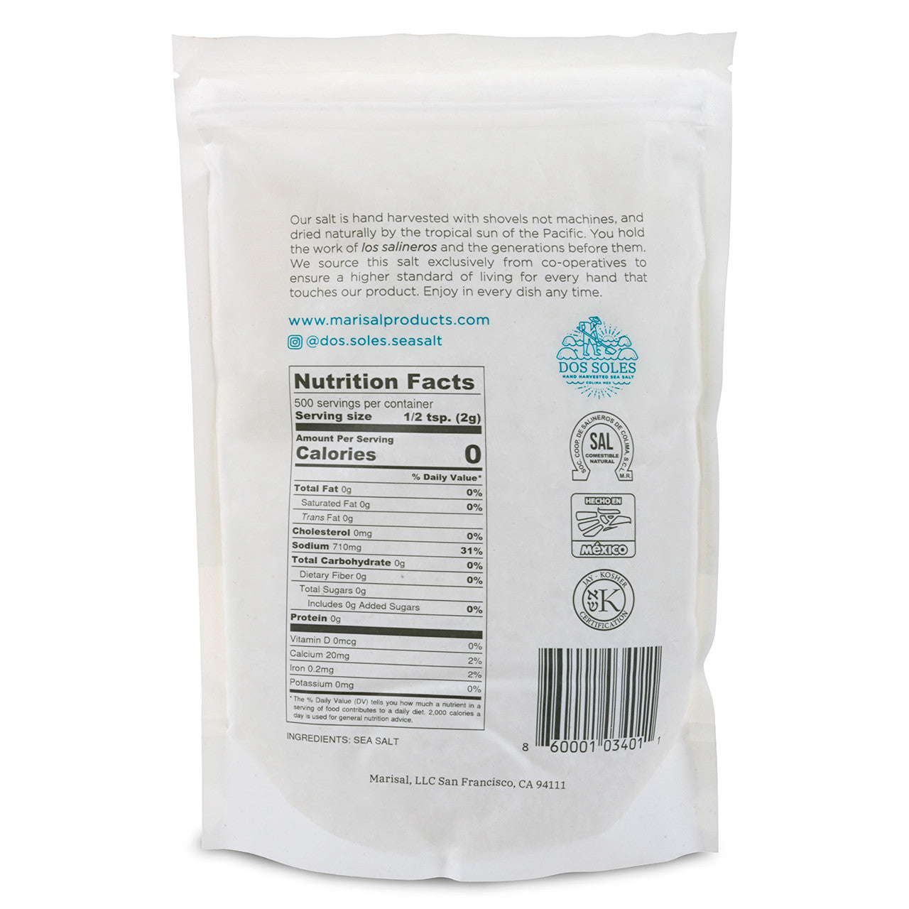 Dos Soles (Marisal) Hand-Harvested Pacific Sea Salt, 2.2 lb.